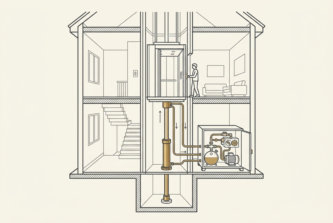 Cutaway diagram of a hydraulic home elevator: cabin on a hydraulic piston with the pump unit in a ground-level cabinet